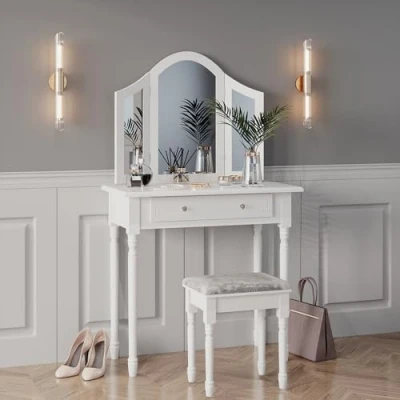 Afbeelding van Vicco Make uptafel set met kruk &quot;Kate&quot;, Wit, 80 cm LED verlichting en
