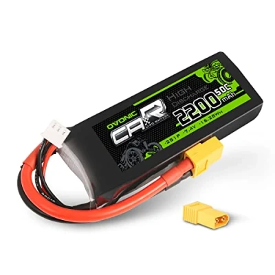 Afbeelding van OVONIC 2s Lipo Batterij 2200mAh 50C 7.4V met XT60 Connector Compatibel RC 1/16 of 1/14 Cars Helicopter (extra één TRX connector)