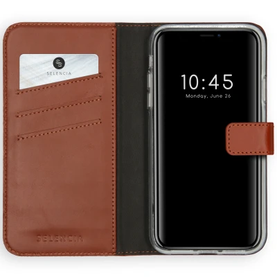 Afbeelding van Apple iPhone Xs Hoesje Echt leder Selencia Bookcase Lichtbruin Telefoonhoesje