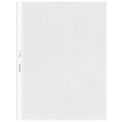 Afbeelding van Leitz Standaard brochurehoezen set A4, 100 stuks doorzichtige geperforeerde zakken, 30% pre consumer recycling kunststof, 100% recyclebaar, boven en links openende plastic tassen, 85 micron, 47970000