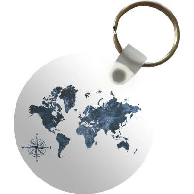 Afbeelding van Sleutelhanger Wereldkaart Blauw Kompas Plastic Rond Uitdeelcadeautjes