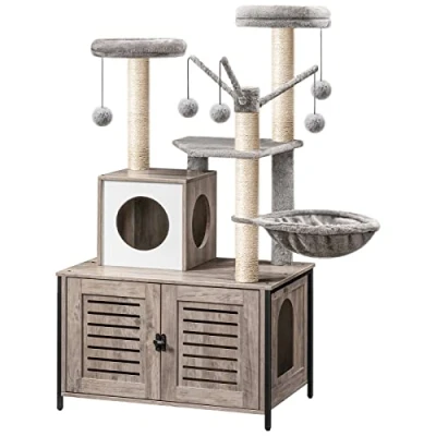 Afbeelding van HOOBRO Krabpaal, Kattenboom met Kattenbak, 2 in 1 Moderne Kattentoren, Krabpalen, Baars, Wasbare Kussens, Grijs Beige EBG14MZ03