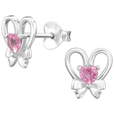 Afbeelding van JoyS Zilveren hartje oorbellen met strikje 7.8 x 8.3 mm roze zirkonia oorknoppen sterling zilver 925