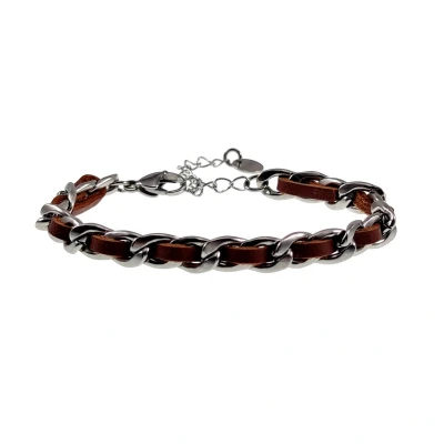 Afbeelding van 18cm tot 23cm x 7,5mm Cubaanse Armband Dames RVS Zilverkleur Schakelsarmband met Bruin Leer Verstelbaar