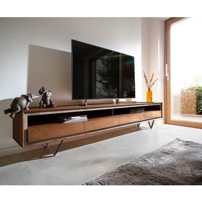 Afbeelding van Tv meubel Stonegrace acacia bruin steenfineer 240 cm 4 laden 1 legplank V poots zwart