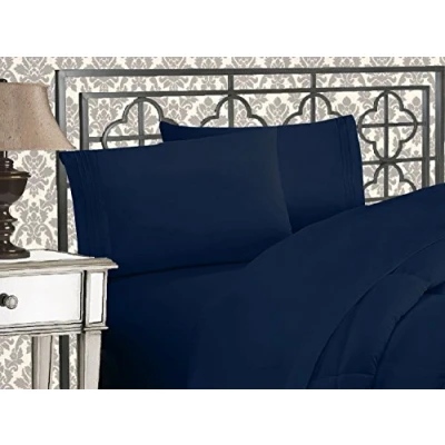 Afbeelding van Elegant Comfort Luxe 1500 draadtelling Egyptische kwaliteit drie lijnen geborduurd zachtste premium hotelkwaliteit 4 delige lakenset, kreuk en vervagingsbestendig, King, marineblauw