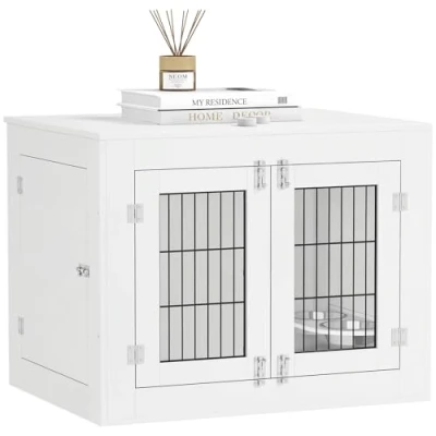 Afbeelding van PawHut Hondenkooi voor binnen, houten hondenbox, 2 360 draaibare kommen, deuren, bijzettafel, middelgrote honden tot 20 kg, 80 x 60 63 cm, wit