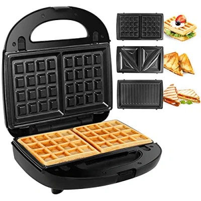 Afbeelding van Gotoll Sandwichmaker 3 in 1, wafelijzer, sandwichtoaster, grillwisselplaten, sandwichmaker, afneembare platen met anti aanbaklaag, 750 W, indicatielampje, zwart