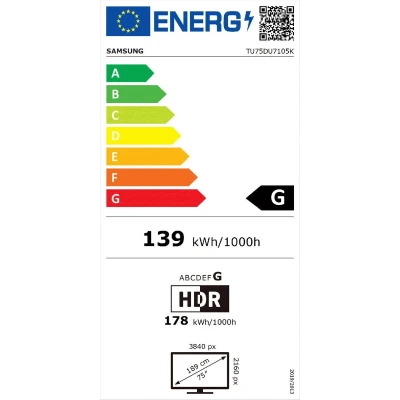 Afbeelding van samsung led tv 50 hz 75du7105 75 (190 cm) 4k uhd 3840x2160 hdr smart tizen gaming hub 3xhdmi wifi