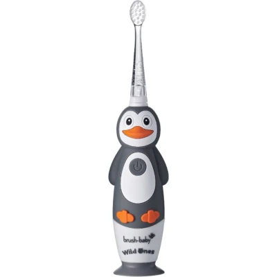 Afbeelding van Brush Baby Electrische Oplaadbare Kindertandenborstel WildOnes Percy de Pinguïn 0 10 jaar 3 opzetborstels 2 poetsstanden Timer &amp; Pulse Disco licht Zuignapvoet