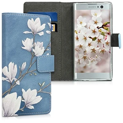 Afbeelding van kwmobile telefoonhoesje geschikt voor Sony Xperia XA2 Backcover smartphone Hoesje met pasjeshouder in taupe / wit blauwgrijs Magnolia design