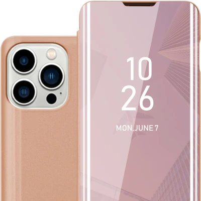 Afbeelding van Cadorabo Hoesje geschikt voor Apple iPhone 14 PRO in KUNZIET ROZE Clear View Spiegel Beschermende Case met Tribunefunctie 360 Graden Bescherming Book Cover Etui
