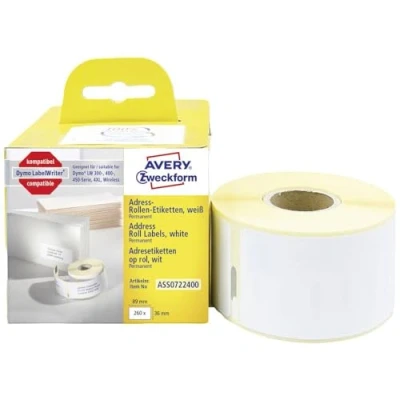 Afbeelding van Avery Zweckform Rol met etiketten Compatibel vervangt DYMO, Seiko 99012, S0722400 89 x 36 mm Papier Wit 260 stuk(s) Permanent hechtend Adresetiketten ASS0722400