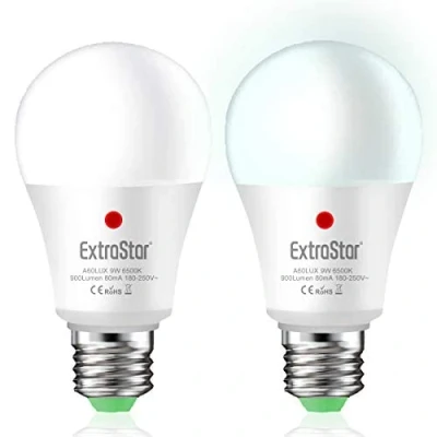 Afbeelding van EXTRASTAR Lamp met sensor, E27 ledlamp schemersensor voor buiten, auto aan/uit, 9 W koudwit 6500 K veranda, tuin, voordeur, hal, 2 stuks