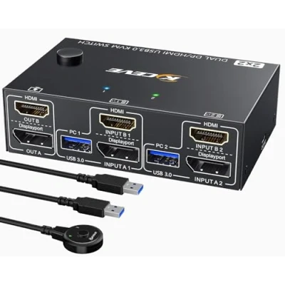 Afbeelding van MLEEDA KVM Switch 2 PC Monitor 4K@60Hz 2K@120Hz, HDMI + DisplayPort Dual met 4 USB 3.0 Poorten Voor Toetsenbord Muis, Desktopcontroller en Kabel Inbegrepen