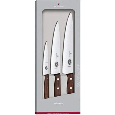 Afbeelding van Victorinox, 5.1050.3G, Wood, Tranchier Set, 3 teilig, Extra scharfe Klinge, mit geradem Schliff, edlem Holzgriff, Braun, Made in Switzerland,