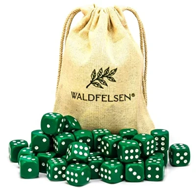 Afbeelding van Waldfelsen 6, 12, 20, 30 of 50 hoogwaardige dobbelstenen van ® standaardformaat 16 mm acrylkubus knobel speelkubus Dice 6 zijdig zeszijdig speelaccessoires set met stoffen zak (groen, stuks)