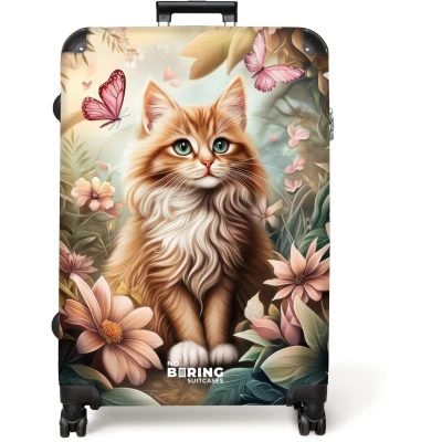 Afbeelding van NoBoringSuitcases.com® Koffer groot Reiskoffer lichtgewicht Kat in bloemenveld met roze vlinders. Rolkoffer 4 wielen Grote trolley XL 98 liter bagage