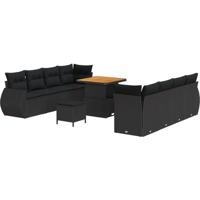 Afbeelding van vidaXL 11 Delige Tuin Bank Set met Kussens Zwart Poly Riet Acacia, 3 Eet Acacia
