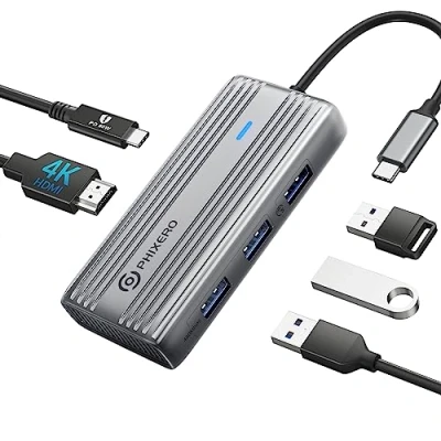 Afbeelding van PHIXERO USB C Hub Multiport Adapter, 4K HDMI, 5 in 1 dongle met 60 W PD opladen, 3.0, 2 2.0 poorten, voor MacBook Pro/Air, iPad Pro, Laptop