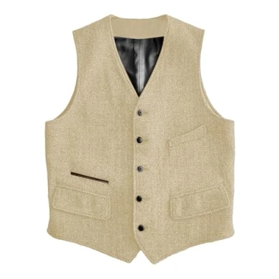 Afbeelding van Solovedress Wollen kostuumvest, formeel, regular fit, vest, pak, vest voor bruiloft, champagne, XL