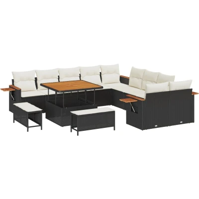 Afbeelding van vidaXL 13 delig Tuin Sofa Set met Kussens Zwart Poly Rattan Acacia, 3 Eet Acacia