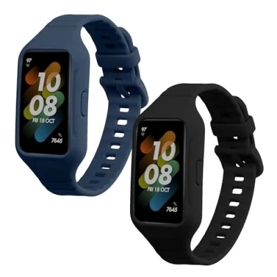 Afbeelding van kwmobile 2x horlogebandjes geschikt voor Huawei band 7 / 6 Honor bandje Smartwatch bandjes van TPU Activity tracker horloge in zwart donkerblauw
