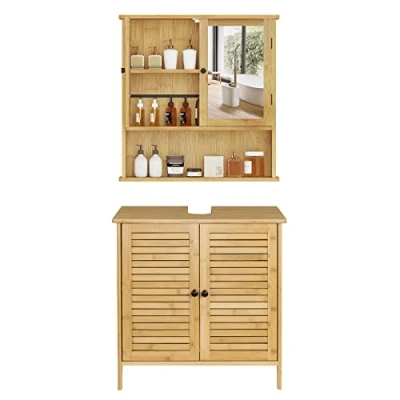 Afbeelding van EUGAD Badkamermeubel, set, wastafelonderkast, badkamerkast met spiegelkast, hangkast voor badkamer, bamboe, model 5