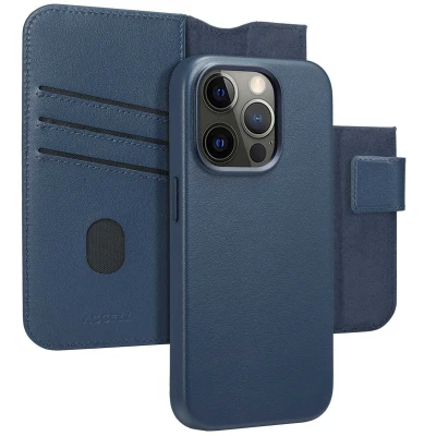 Afbeelding van Apple iPhone 15 Pro MagSafe Hoesje Echt leder Accezz Bookcase/2 in 1 Case Donkerblauw Telefoonhoesje