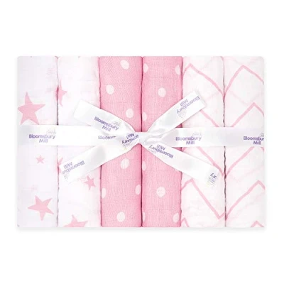 Afbeelding van Bloomsbury Mill 100% biologisch katoenen mousseline doeken voor baby ademende en zachte vierkanten boerendoeken pasgeboren Essentials cadeau in verschillende roze witte ontwerpen 70cm x (verpakking van 6)