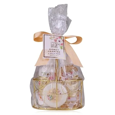 Afbeelding van Accentra doucheset dames cadeauset HONEY JASMINE in een mooie draadmand 3 delige verzorgingsset met douchegel, bodylotion en zeep wellness voor verjaardagen, Valentijnsdag