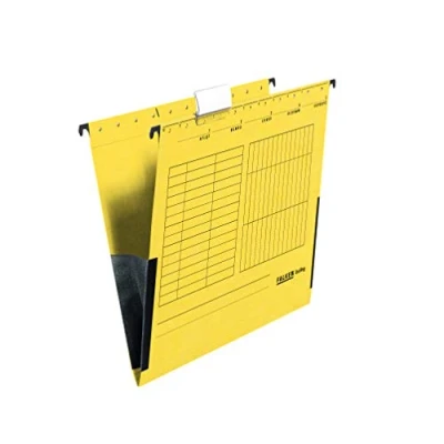 Afbeelding van Origineel Falken 25 stuks hangmappen UniReg. Made in Germany. Gemaakt van gerecycled karton voor DIN A4 met linnen kikkers geel ideaal losbladige archivering het kantoor