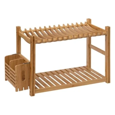 Afbeelding van 5Five Afdruiprek Bamboe met bestekhouder 2 Levels Wandafdruiprek Afwasrek