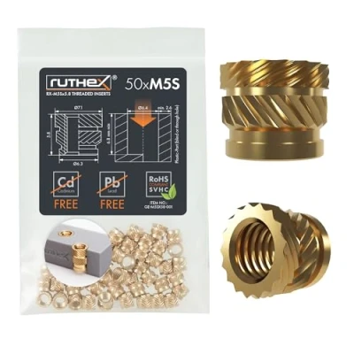 Afbeelding van ruthex M5S Schroefdraadbus SHORT 50 stuks RX M5Sx5.8 messing schroefdraadbussen Insteekmoer voor kunststof onderdelen kan door warmte of echografie worden ingebracht in 3D geprinte
