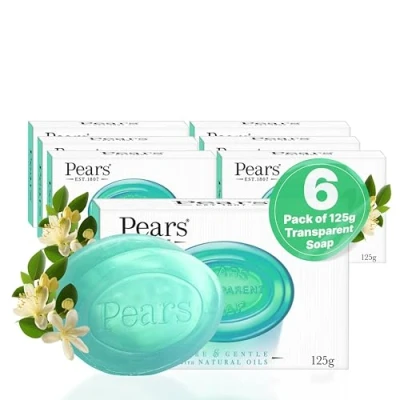 Afbeelding van Pears Pure &amp; Gentle Transparante zeepstukken met natuurlijke oliën, verfrissende reiniging, dagelijks gebruik voor gezicht en lichaam, alle huidtypes, mannen vrouwen, verpakking van 6 stuks, 125 g