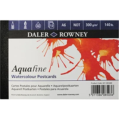 Afbeelding van Daler Rowney Aquafine Geweven Koud Geperst Aquarel &amp; Gouache 300gsm A6 Ansichtkaart Formaat (5,7 x 4,4 cm) Papierpad, Natuurlijk Wit, gelijmd 1 Zijkant, 12 Vellen, Ideaal voor Professional, Zuurvrij