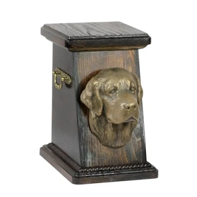Afbeelding van Art Dog Custom Memorial Urn Handgemaakte Box Koudgegoten bronzen hondenkop op berkenbasis 19cmx32cmx30cm Golden retriever