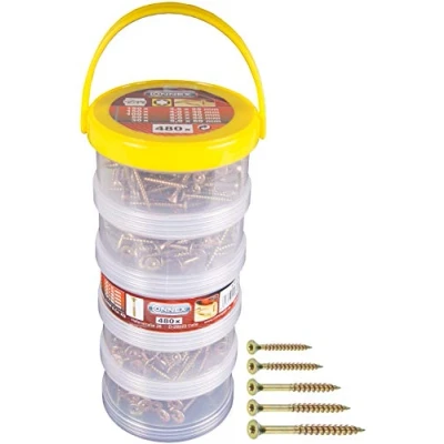 Afbeelding van Connex B30305 universele schroeven assortiment 480 delig diverse maten in stapelbox verzonken kop volledige en gedeeltelijke schroefdraad geel verzinkt/schroevenset/bouten box TX Torx Antrieb