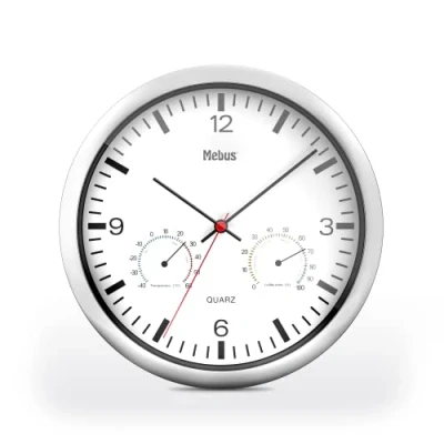 Afbeelding van Mebus Wandklok van kwarts met thermometer en hygrometer/zilveren frame/witte wijzerplaat/25 cm diameter/rond/model: 56730/kleur: zilver, wit