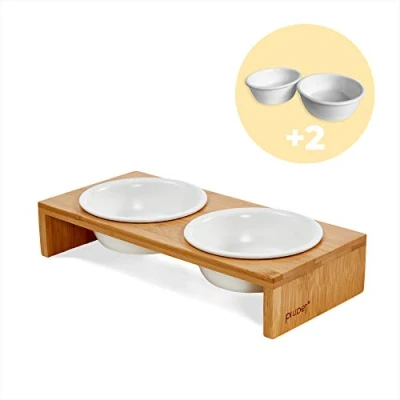 Afbeelding van PiuPet® Voerbak voor Katten en kleine Honden met stijlvol bamboe frame Verhoogd Kattenvoerstation (Rek 2 kommen + Reservekommen)