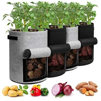 Afbeelding van Homyhoo Aardappelkweekzakken met klep 10 gallon, 4 pack plantenpot handgrepen en oogstvenster voor aardappeltomaat groenten, zwart grijs