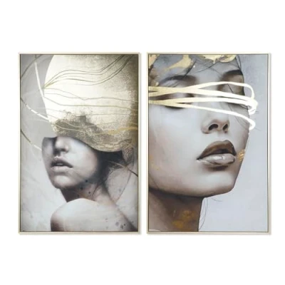 Afbeelding van Schilderij Home ESPRIT Wit Zwart Beige Gouden Vrouw 83 x 4,5 123 cm (2 Stuks)