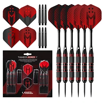 Afbeelding van Darts Corner X1066 Thunder 24 delige stalen tip dartset met 24g vaten, vluchten en aluminium schachten, serie 1, zwart/rood