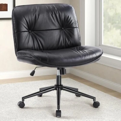 Afbeelding van DUMOS Criss Cross Stoel met wielen, Legged Office Armloze Brede Zitting, Verstelbare Draaibare Lederen Taak Vanity Thuis Kantoor Bureau Zitten voor Slaapkamer Dorm Student