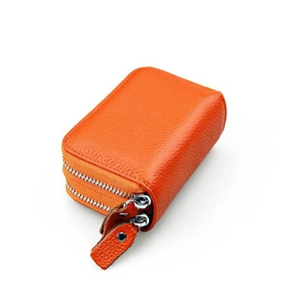 Afbeelding van AprinCtemps RFID blokkering Vrouwen Echt Leer Krediet Kaart Houder Dames Lederen Kleine Portemonnee Mannen Leder Heren Kaarthouder met Dubbele Ritssluiting Unisex (Oranje)