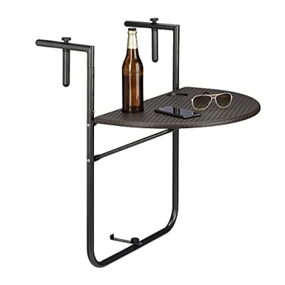 Afbeelding van Relaxdays balkontafel inklapbaar, balkon tafel rotan, hangtafel reling bruin