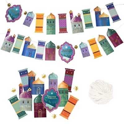 Afbeelding van Papierdrachen 10m slinger als decoratie voor Ramadan kleurrijke motieven met goudfolie knutselwerkjes jongens, meisjes &amp; volwassenen mooi decoratief ontwerp Set 1