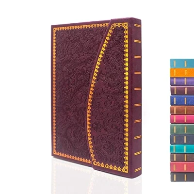 Afbeelding van VICTORIA&#039;S JOURNALS Magneet dagboek, snijwerk vintage notitieboek kunstleer harde kaft persoonlijk dagboek gelinieerde pagina&#039;s lint bladwijzer, 20 x 12 cm (Bourgondië)