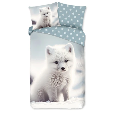 Afbeelding van Kinderdekbedovertrek 140x200 cm Poolvos en Sneeuwvlokken Print Wit/Blauw 1 Persoons 100% Katoen Flanel