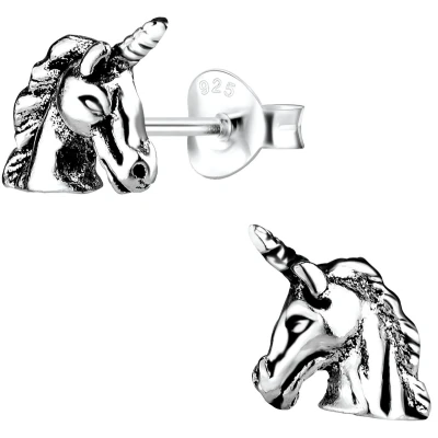 Afbeelding van JoyS Zilveren eenhoorn oorbellen geoxideerd unicorn oorknoppen 8 x 9 mm